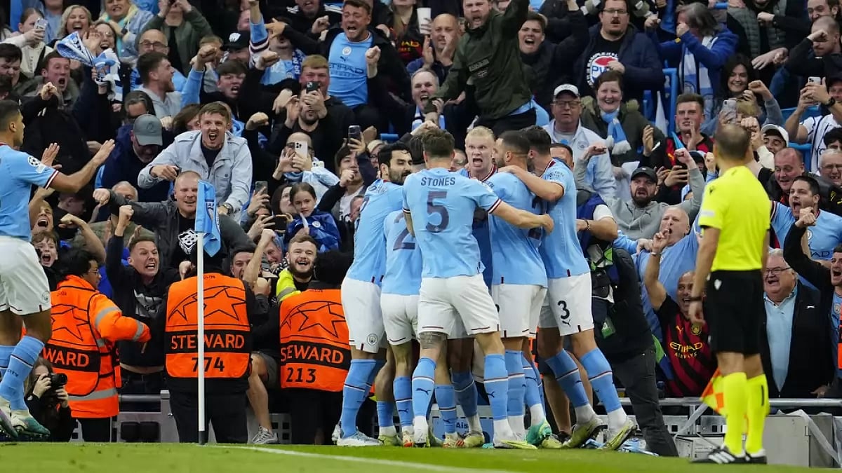 Man City players celebrate after Bernardo Silva's opening goal against Real Madrid on Wednesday.