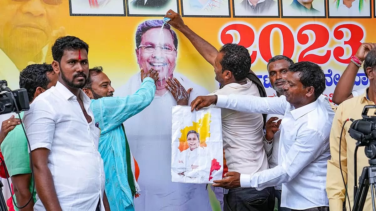 Celebration outside Siddaramaiah residence