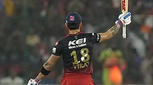Kohli celebrates after reaching his fifty against SRH in Hyderabad on Thursday.