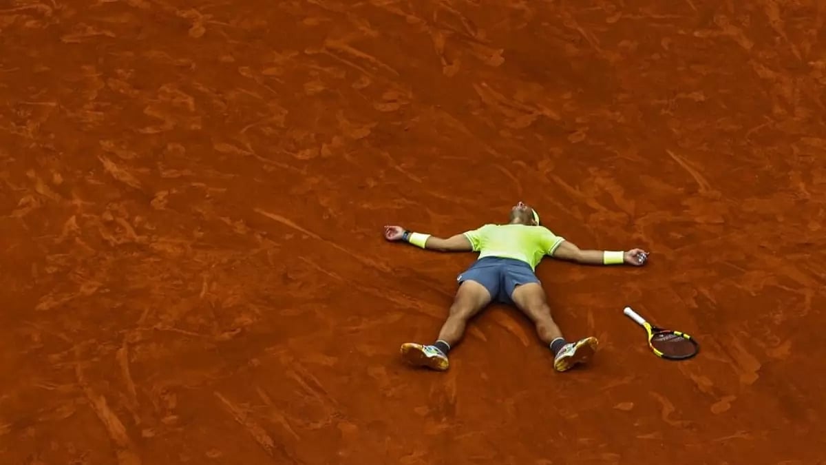 Nadal after his record 12th French Open tennis tournament title win against Thiem in 2019. - null