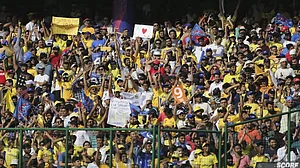 CSK fans show support for their team against Delhi Capitals on Saturday.