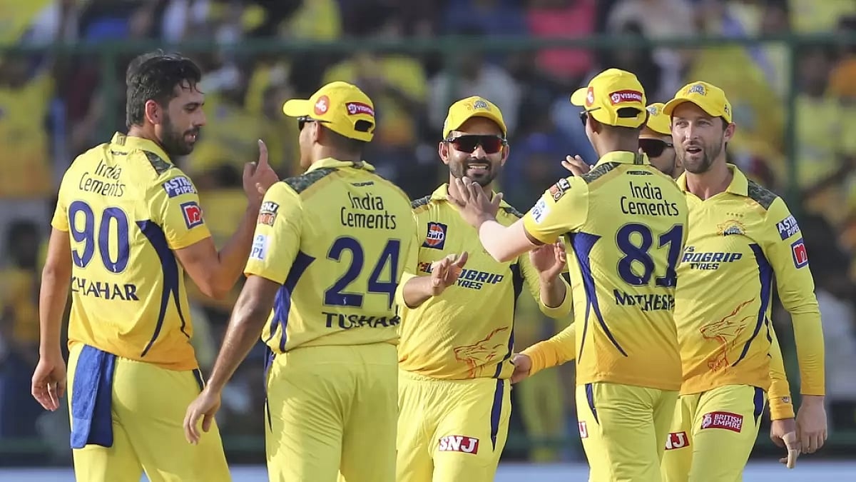 CSK players celebrate the wicket of Phil Salt in New Delhi on Saturday.