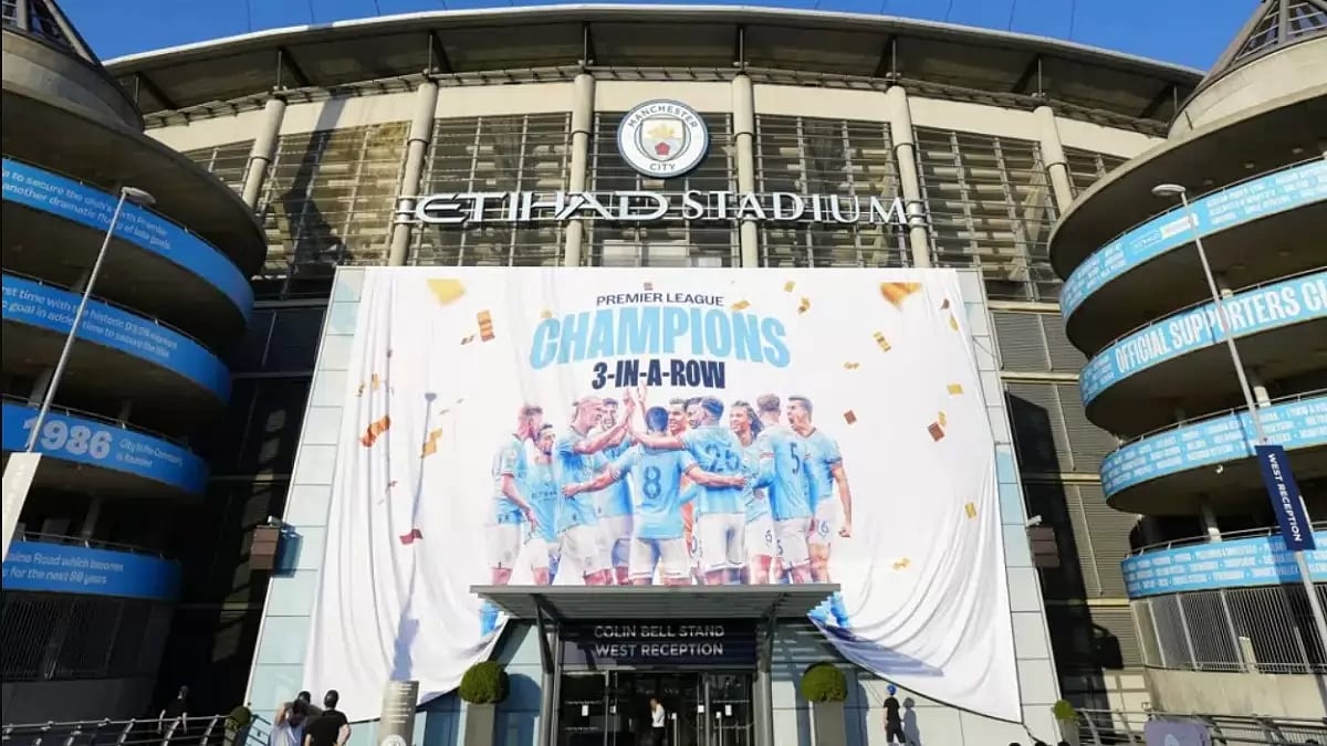 A banner celebrating City's title win was unfurled at the Etihad Stadium on Saturday.