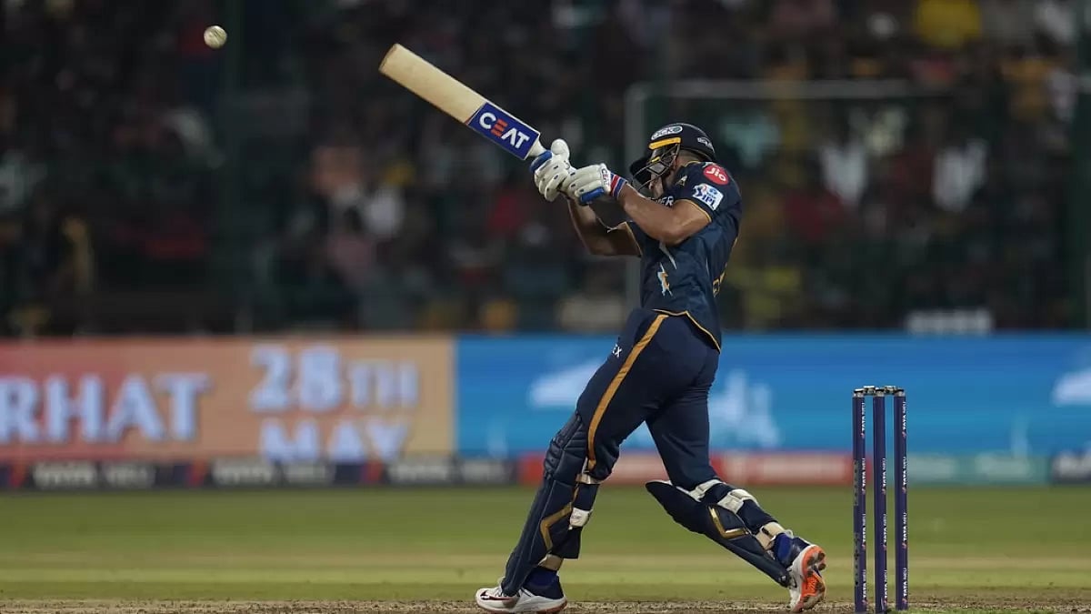 Shubman Gill plays a shot during his century innings against RCB on Sunday.