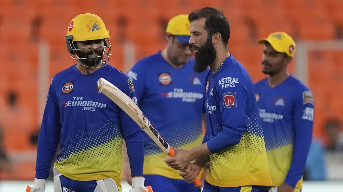 Moeen Ali and Ravindra Jadeja of CSK interact during a team training session on Saturday.