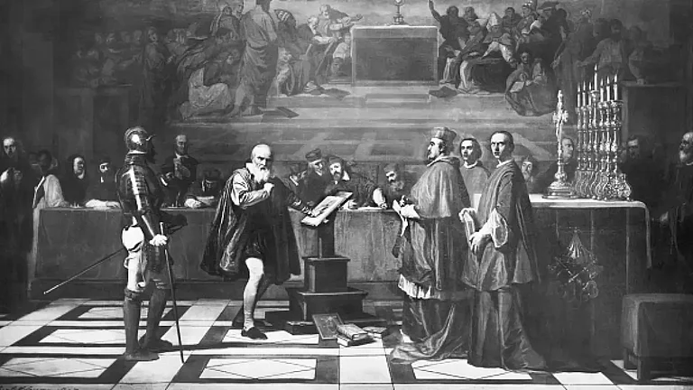 Galileo Galilei (1564-1642), Italian mathematician, astronomer, and physicist, before the Inquisition (ca. 1632). Galileo was put under house arrest, and went blind in 1637. Painting by Robert-Fleury. - null