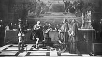 Galileo Galilei (1564-1642), Italian mathematician, astronomer, and physicist, before the Inquisition (ca. 1632). Galileo was put under house arrest, and went blind in 1637. Painting by Robert-Fleury.