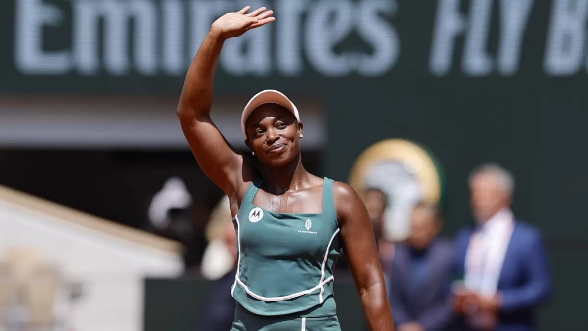 Stephens celebrates her victory over Pliskova on Monday.