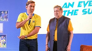 MS Dhoni with N Srinivasan at a CSK event.
