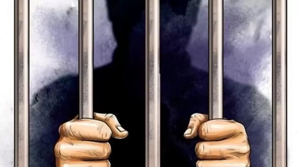 A graphic illustration of a man behind the bars. 