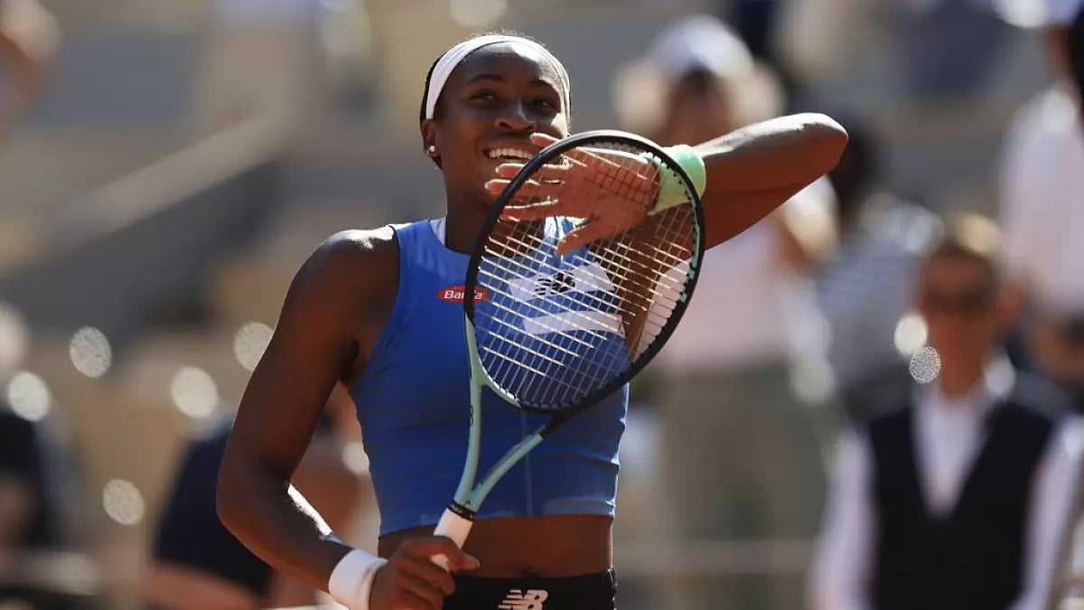 Gauff celebrates her win over Schmiedlova in Paris on Monday.