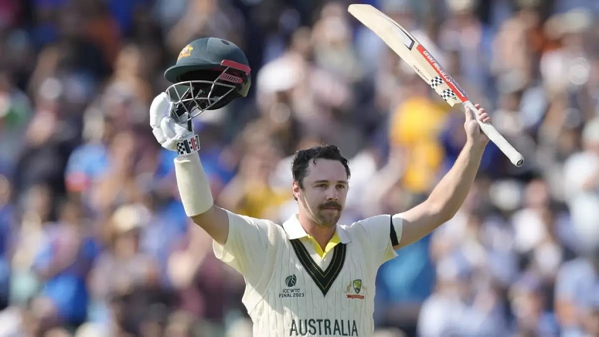 Travis Head celebrates his hundred against India in London on Wednesday.