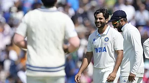 Shardul Thakur celebrates the wicket of Steve Smith in London on Thursday.
