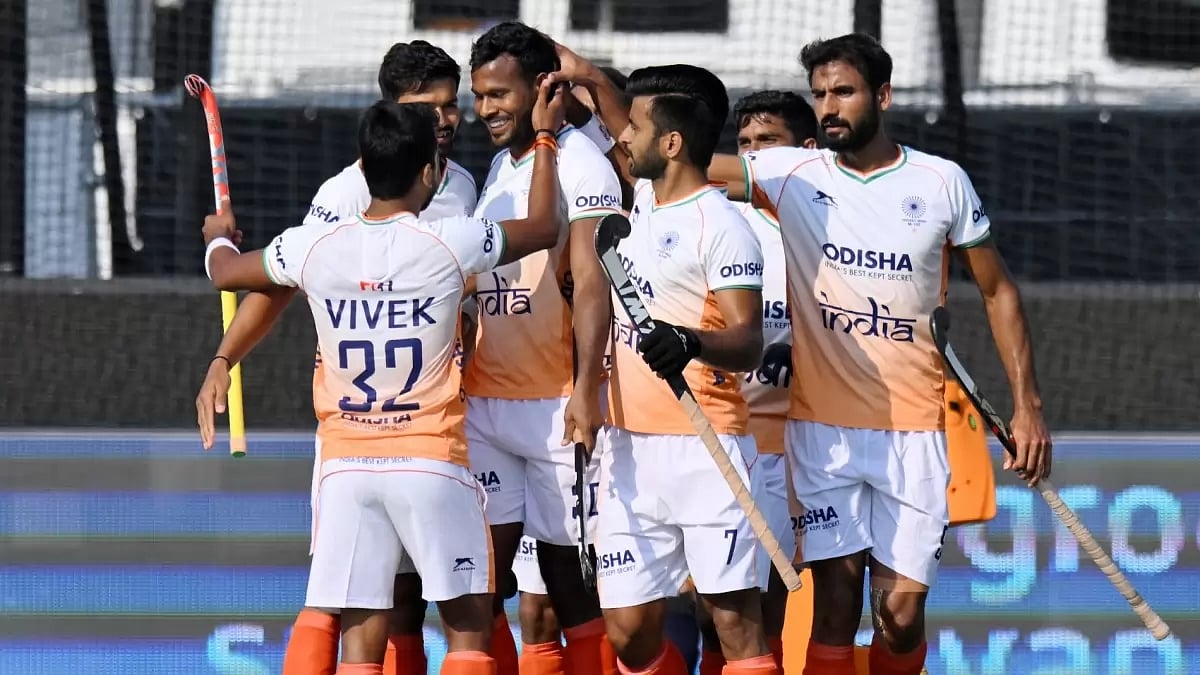 Amit Rohidas celebrates his goal with his team-mates against Argentina on Thursday.