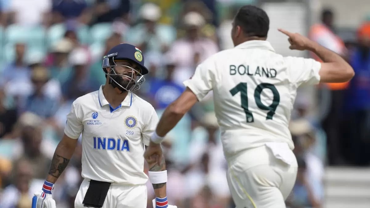 Scott Boland celebrates after claiming the wicket of Virat Kohli in London on Sunday.