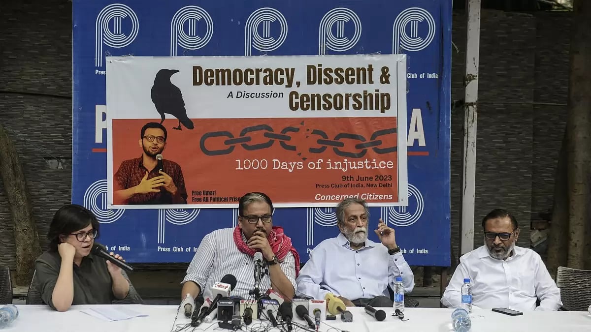 Shahrukh Alam,  Manoj Jha, Prabhat Patnaik, SQR Ilyas at Democracy, Dissent & Censorship - a meeting to commemorate 1000 days of Umar Khalid's imprisonment 