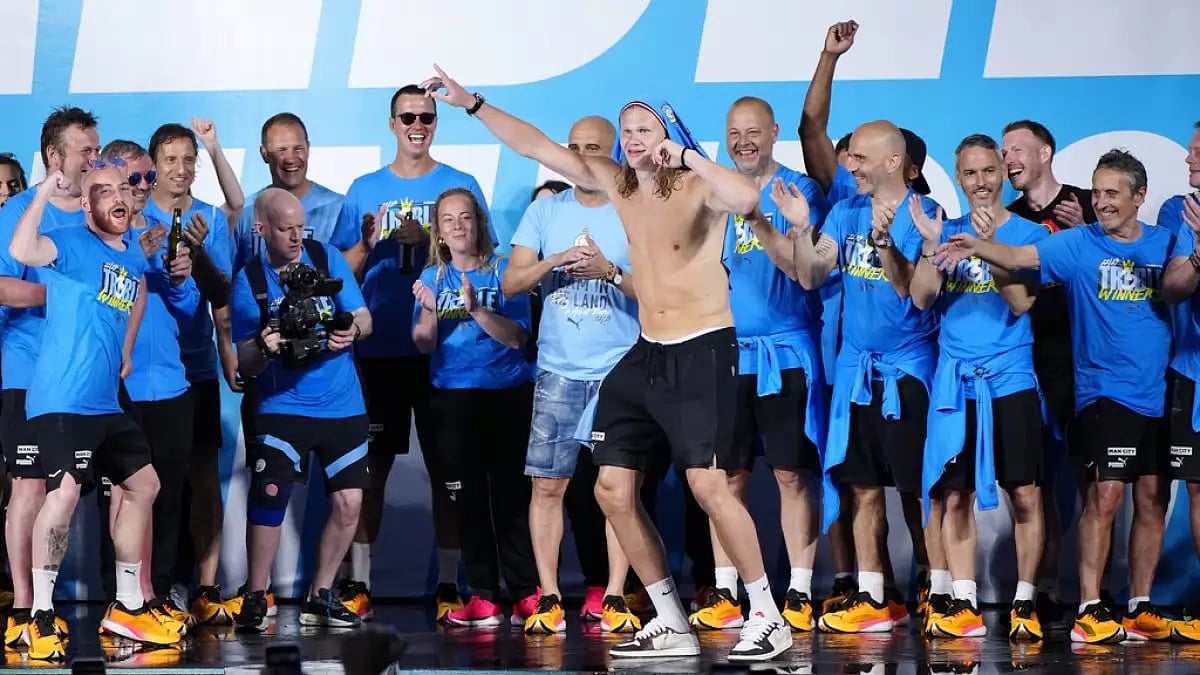 Haaland, centre, has been front and center — along with Jack Grealish — in City's festivities.