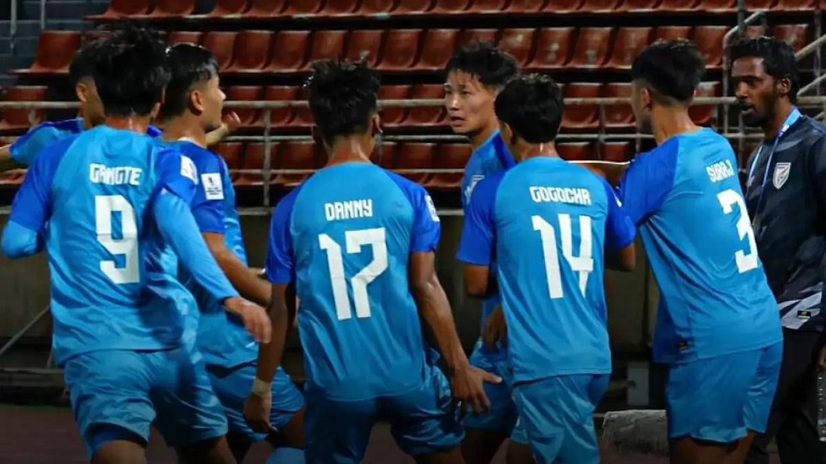 Indian players celebrate Thokchom's goal against Vietnam on Saturday.