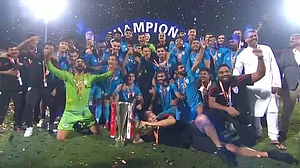 India players celebrate their win over Lebanon at the Kalinga Stadium on Sunday.