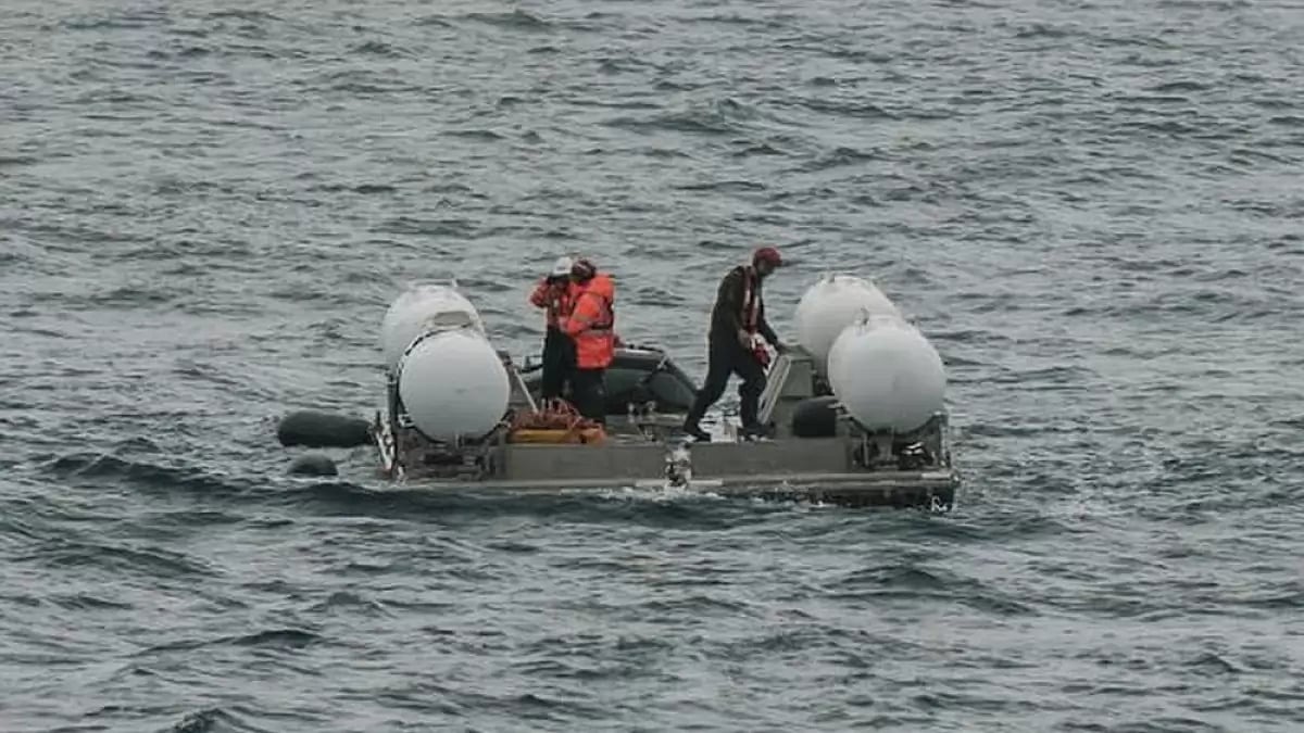 The submersible Titan is prepared for a dive into a remote area in the Atlantic Ocean