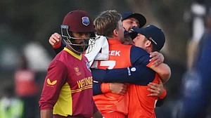 Netherlands players celebrate their team's win against the West Indies on Monday.