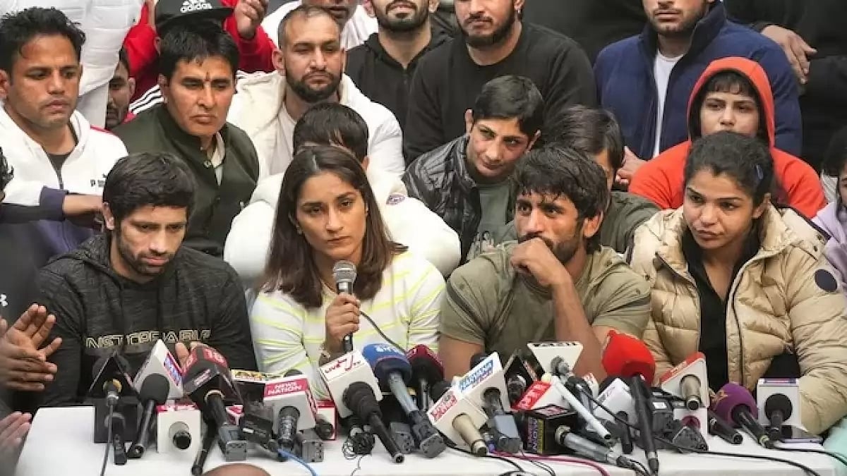 Protesting wrestlers at a press conference in Delhi