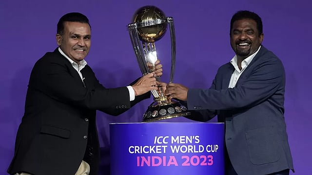 Virender Sehwag, Muttiah Muralitharan In Attendance To Announce The Schedule Of ICC ODI World Cup 2023 - In Pics