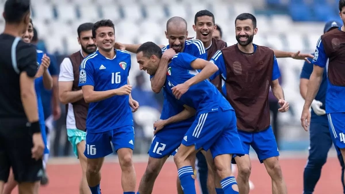 Kuwait players celebrate after scoring the winning goal against Bangladesh on Saturday.