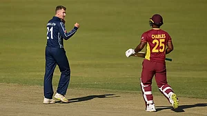 McMullen celebrates the wicket of Johnson Charles in Harare on Saturday.