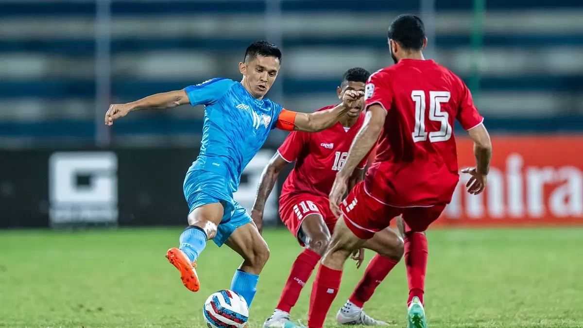 Sunil Chhetri in action against Lebanon in the SAFF C'ship SF on Saturday.
