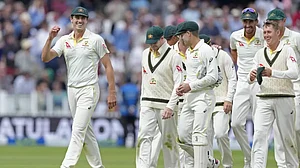 Australian players leave the field after their win over England in the 2nd Test at Lord's on Sunday.