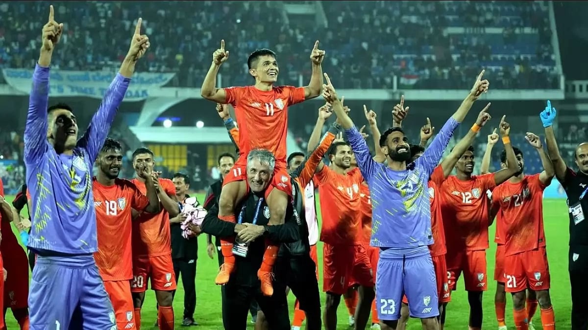 Indian players celebrate their team's win in the SAFF Championship final against Kuwait on Tuesday.