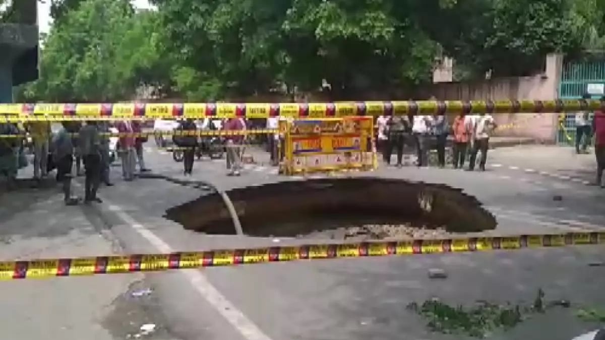 Road caves in in Janakpuri, Delhi