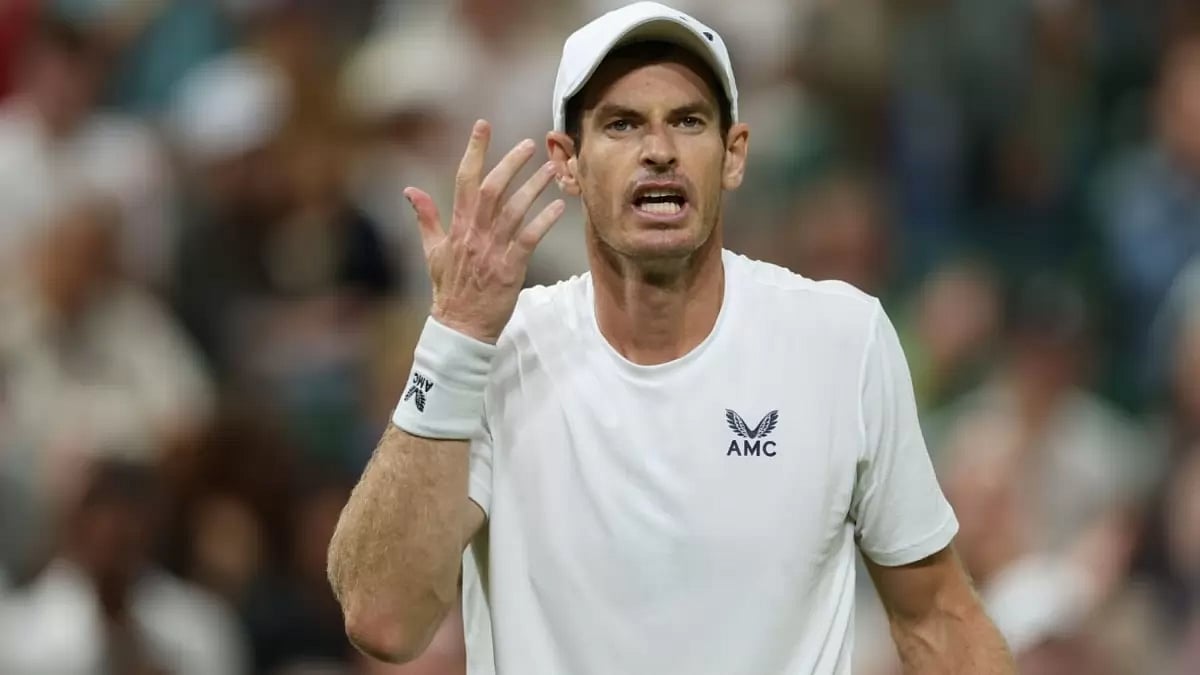 Andy Murray reacts on the Centre Court during his match against Stefanos Tsitsipas.