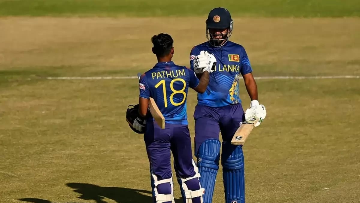 Nissanka is congratulated by Karunaratne after reaching his hundred against WI on Friday.