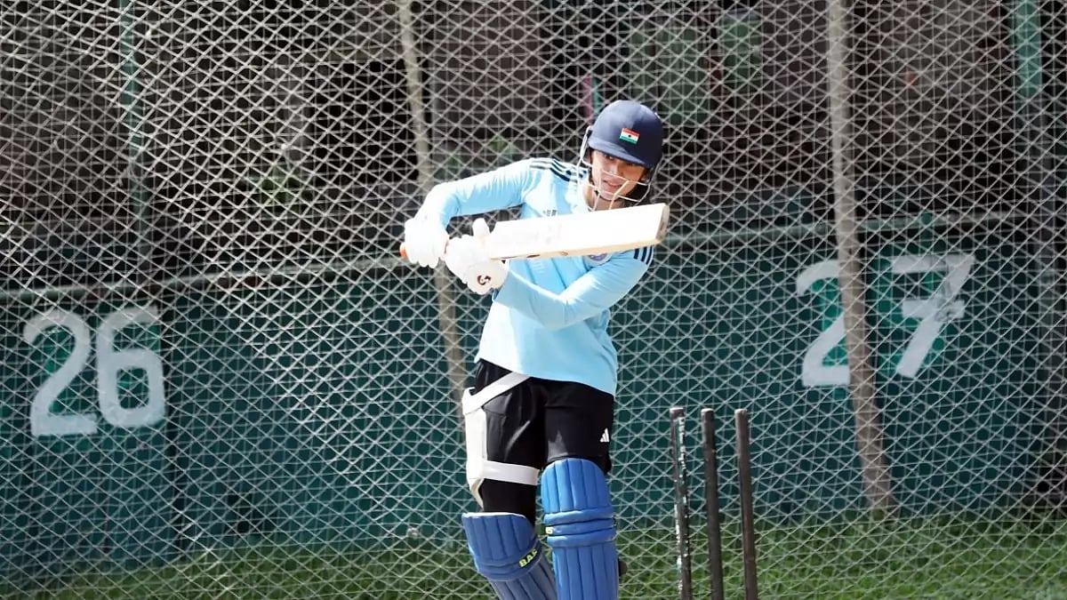 Smriti Mandhana bats during a team practice session in Mirpur on Friday.