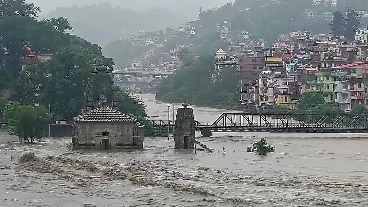 Beas river in spate following heavy monsoon rains in Mandi, Himachal Pradesh.