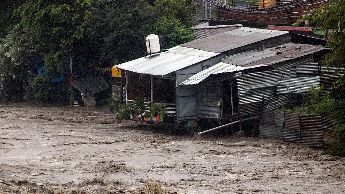 Swollen Beas river following incessant rains, in Kullu district, Himachal Pradesh
