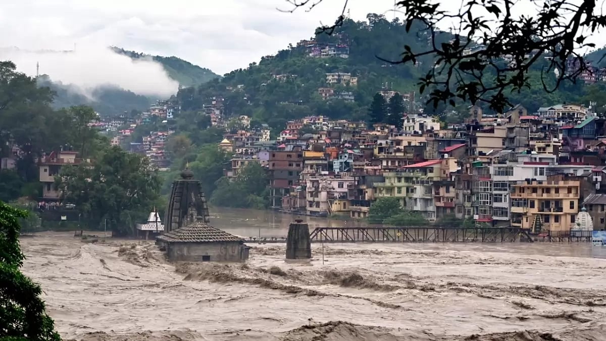 Submerged Panchvaktra Temple in swollen Beas river due to heavy monsoon rainfall in Mandi.