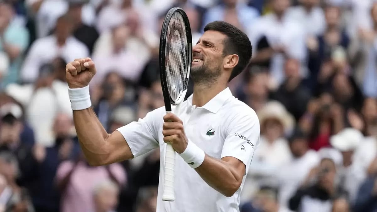 Djokovic celebrates after defeating Rublev at Wimbledon on Tuesday.