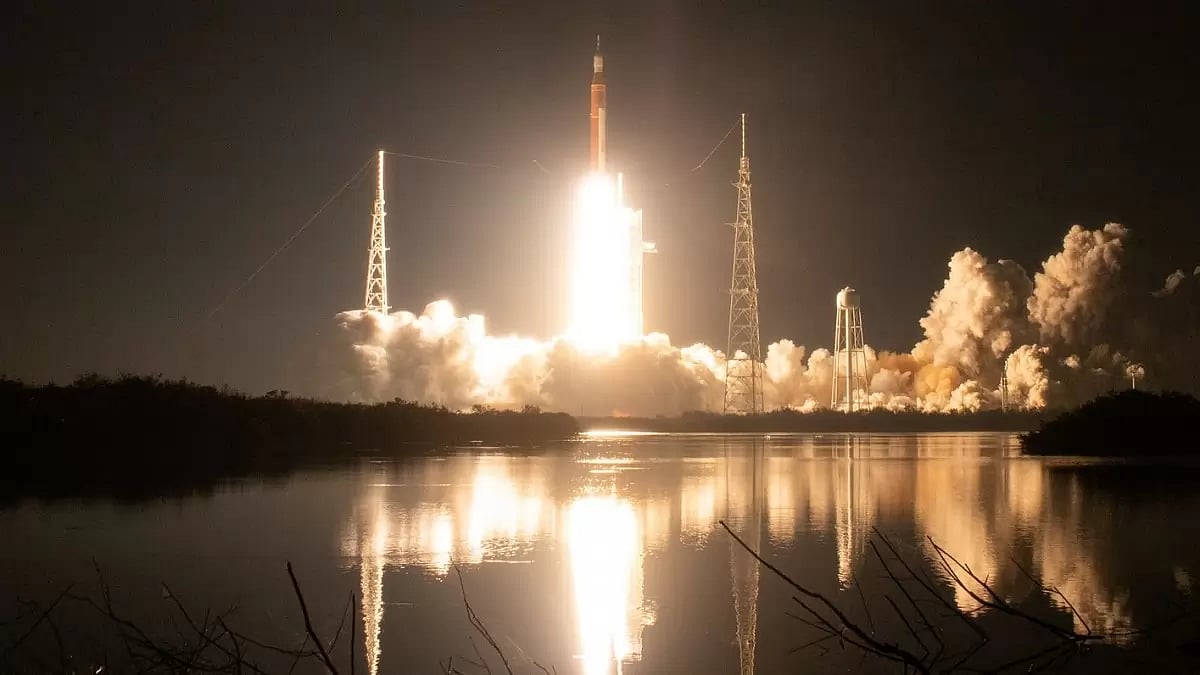 Photograph of Artemis-I mission of NASA being launched. The Artemis program seeks to return to Moon and make a long-term presence on the Moon.