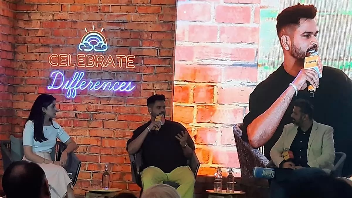 Shreyas Iyer speaking at an event at RPG House, Mumbai, on Friday. To his right is Youtuber Navya Naveli Nanda. 
