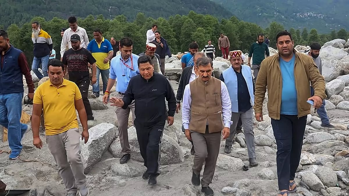 Himachal Pradesh Chief Minister Sukhvinder Singh Sukhu visits flood-affected areas, in Manali.