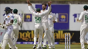 Pakistan's Shaheen Shah Afridi, celebrates taking the wicket of Sri Lanka's Nishan Madushka