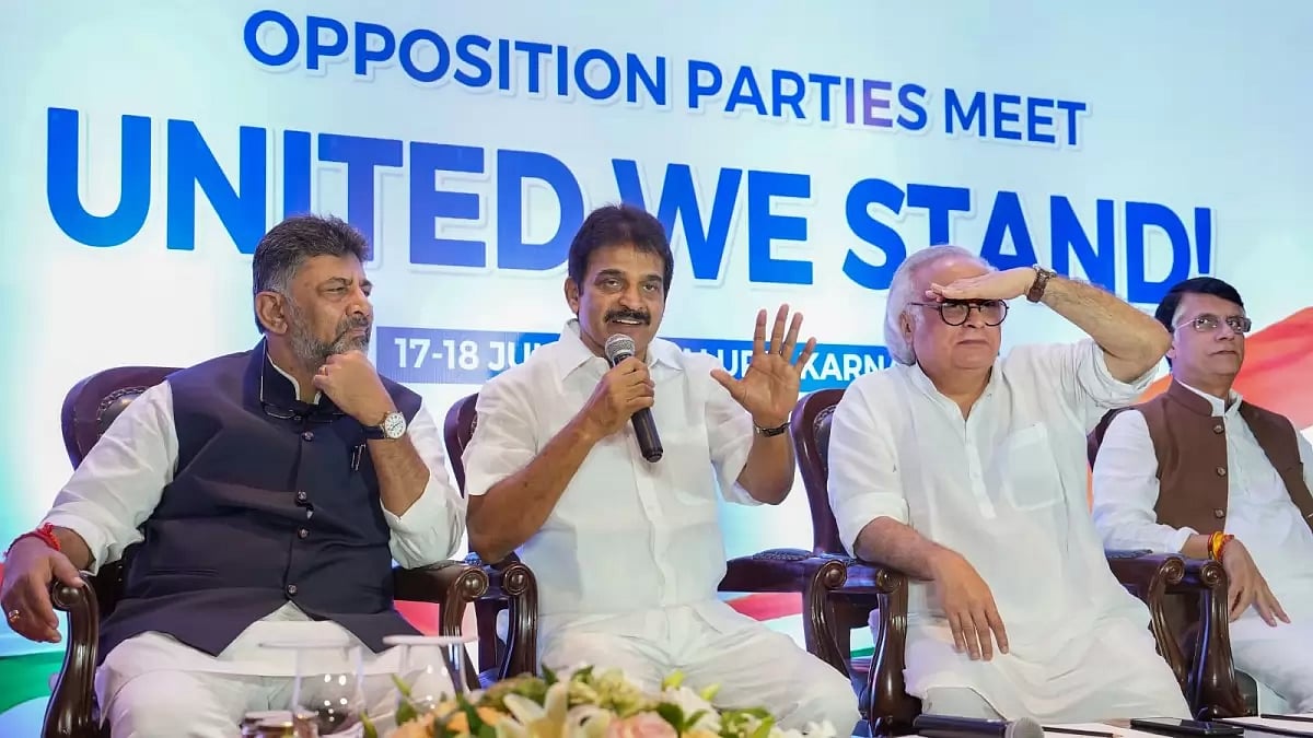 Karnataka dy CM Shivkumar, Congress senior leaders KC Venugopal, Jai Ram Ramesh and Pawan Khera in Bengaluru