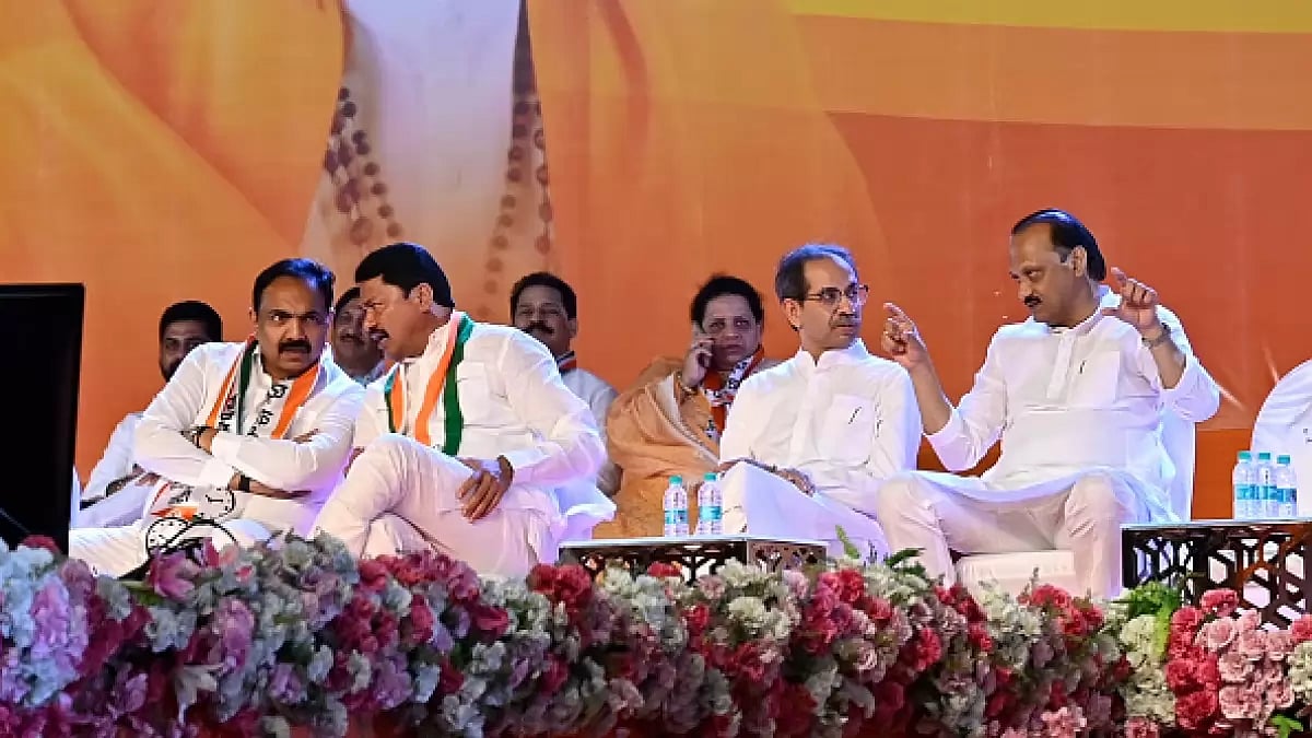 Shiv Sena (UBT) leader Uddhav Thackeray, NCP leader Ajit Pawar and others during a public rally.
