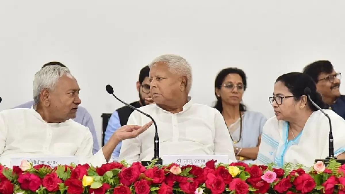 Bihar CM Nitish Kumar, RJD chief Lalu Prasad Yadav, and West Bengal CM Mamata Banerjee during a joint press conference after the Opposition parties' meeting on June 23 in Patna, Bihar