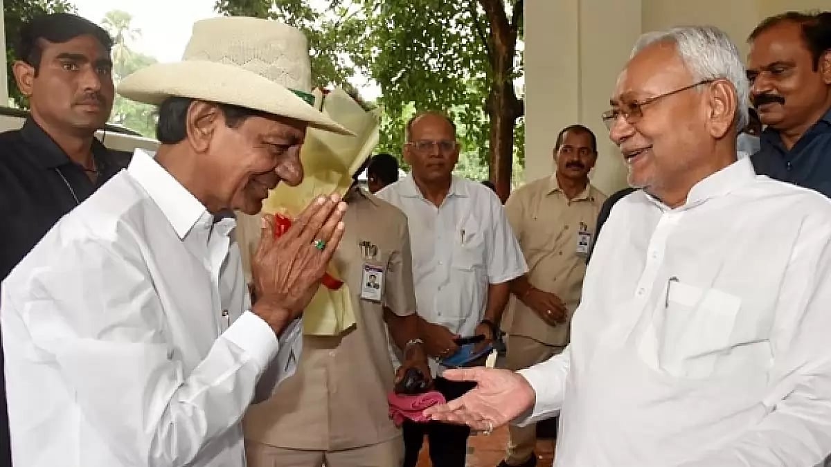 Bihar CM Nitish Kumar and Telangana CM K Chandrashekhar Rao in Patna, Bihar.