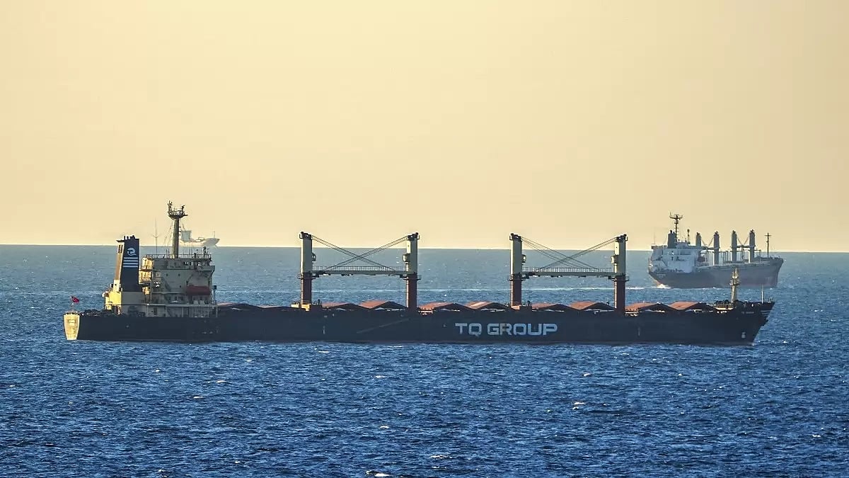 Bulk grain cargo ship TQ Samsun anchored in the Black Sea near Bosphorus Strait in Istanbul, Turkey