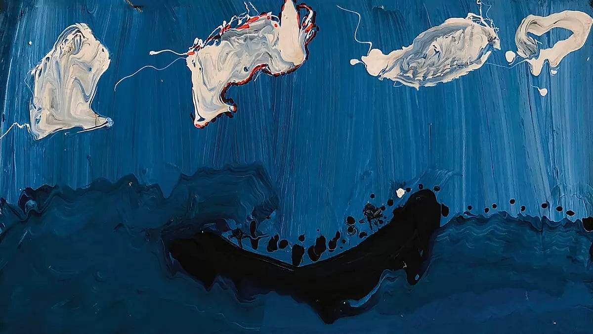 Drowning in the Sea: Artwork by Faud, 14, a Syrian refugee. Black dots depict refugees in a stormy sea - null